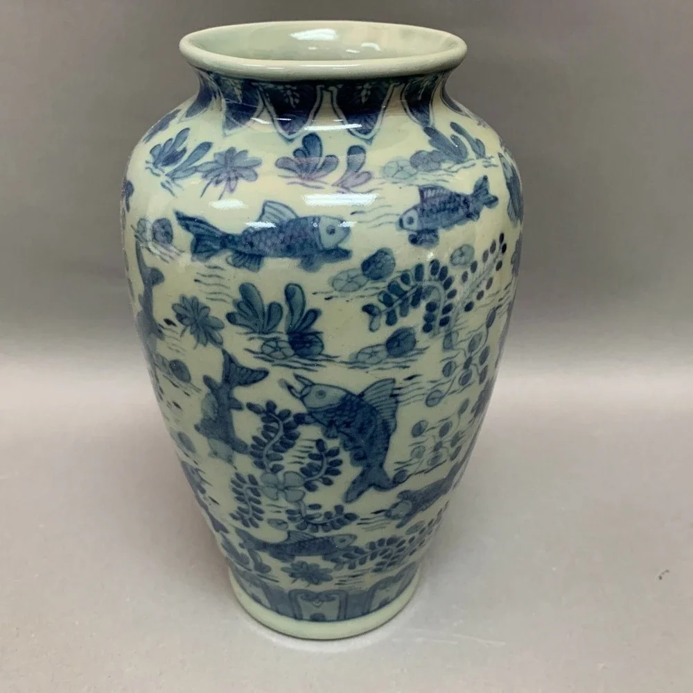 Green‎ Blue Koi Fish Patterned Vase 9 3/4